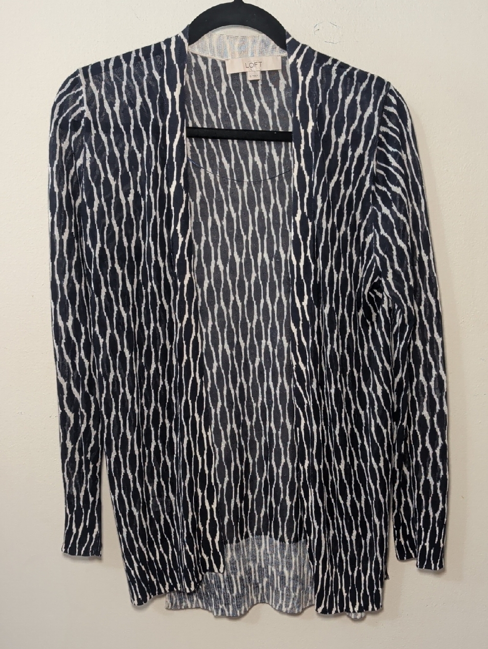 LOFT Navy + White Open-Front Patterned Cardigan Ramie Blend Women's Size S